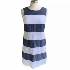 TALBOTS Gray Chambray & White Eyelet Sleeveless Dress 10P Petite 10 Nautical